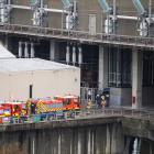 Emergency services at Clyde Dam after reports of smoke. Photo: Shannon Thomson