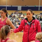 Southern Steel head coach Reinga Bloxham talks to her team during the Southern Showdown in...