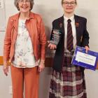 Waitaki Girls’ High School pupil Johanna Schoneveld is congratulated on her win by judge Wendy...