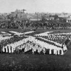 School children form a living flag of the Empire during a military pageant at Carisbrook, Dunedin...