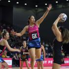Southern Steel goal keep Taneisha Fifita defends the shot of Waikato-Bay of Plenty Magic shooter...
