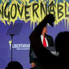A crowd member gestures as Donald&nbsp;Trump&nbsp;speaks at the Libertarian Party's national...