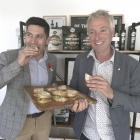Rangitata MP James Meager and Hemp New Zealand business development manager Nigel Hosking try a...