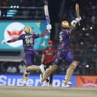 Shreyas Iyer and Venkatesh Iyer of Kolkata Knight Riders celebrate their team's win over...