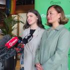 Green party co-leaders Chlöe Swarbrick (left) and Marama Davidson speaking to media in Wynyard...