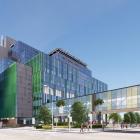 The new Dunedin hospital’s eastern facade and link bridge as envisioned from St Andrew St.