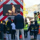 Kingsview Primary School pupils fascinated by a Fulton Hogan attenuator truck on Wednesday as...