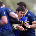 Taieri’s Josh Whaanga is wrapped up by Dunedin’s Joe Cook (left) and Hame Toma during their match...