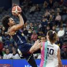Otago Nuggets player Kimani Lawrence shoots while watched by Denhym Brooke of the Whai during the...