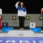 Silver medallist Yuting Huang of China, gold medallist Hyojin Ban of South Korea and bronze...