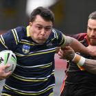 Otago Whalers centre Aleki Morris-Lome has the tryline in sight as he brushes off the tackle of...