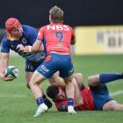 Otago Prop Benjamin Lopas is watched by Tasman halfback Louie Chapman during the NPC rugby match...