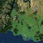 This map shows the state of wetlands in Southland. Blue marks represent existing wetlands, yellow...
