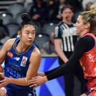 Southern Hoiho player Natalie Chou on the move around Mainland Pouakai player Cassandra Brown...