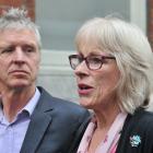 Sophia's parents Bede Crestani and Elspeth McMillan talk to media outside the Dunedin District...