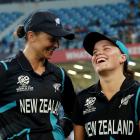 White Ferns Suzie Bates (left) and Eden Carson share a moment after beating South Africa in the...