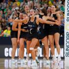 Silver Fern Maddy Gordon runs towards more team-mates celebrating their Constellation Cup win in...