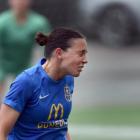 Southern United midfielder Stacey Martin heads the ball during their game at Logan Park Turf last...