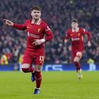 Harvey Elliott celebrates scoring a winner for Liverpool this morning against Lille. Photo: Getty...