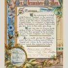 An illuminated address presented to Alexander Miller on September 5, 1896. Collection of Toitū...