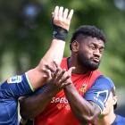 Highlanders co-captains Hugh Renton (left) and Timoci Tavatavanawai get physical at training...