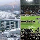 Te Kaha stadium (left), which opens in the Garden City next year, and Dunedin’s Forsyth Barr...
