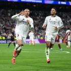 Kylian Mbappe celebrates his third goal alongside Jude Bellingham during Real Madrid's win over...