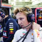 Liam Lawson talks on the radio after a test run, in Bahrain, yesterday. PHOTO: GETTY IMAGES
