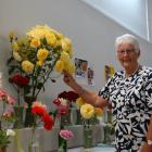 Kurow and Districts Flower Show convener Janet McGregor with roses entered for the 2025 show....