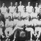 The Otago men's cricket team pose with the Plunket Shield. — Otago Witness, 10.3.1925