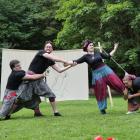 Slapstick aplenty ... Dunedin Summer Shakespeare cast members (from left) Jackson Rosie (Luciano)...