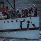 Jumping off the Earnslaw before the 4km swim from Frankton Arm to Queenstown Bay last year. PHOTO...