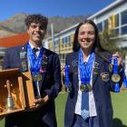 McKellar Thornton and Lucy Clark with the medals Wakatipu High picked up at the South Island...