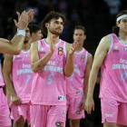 Breakers players celebrate during the round 19 NBL against the Cairns Taipans at Spark Arena in...