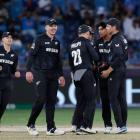 The Black Caps celebrate a Rachin Ravindra wicket in the Champions Trophy final against India...