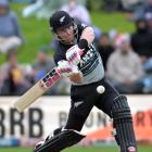 Black Caps top-scorer Tim Seifert hits off the front foot during the home side’s win over...