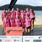 Whakatipu Waka Ama Club’s Mako and Whai crew after receiving their medals. PHOTO: SUPPLIED