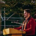 Liam White speaks at the University of Otago Anzac Day service. PHOTO: K FROST