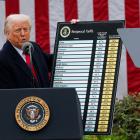 President Donald Trump with a board outlining new tariffs for countries in a day be dubbed "Make...