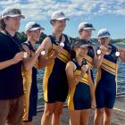 Wakatipu High’s silver-winning U15 quad, from left, coach Ashton White, Baxter Kingan, Reuben...