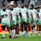 Co-captain Mesulame Dolokoto leads the Fijian Drua on to Forsyth Barr Stadium on Saturday night....