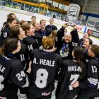 The Ice Fernz celebrate their silver medal at the Dunedin Ice Stadium on Sunday night. PHOTO: KEA...