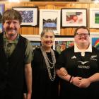 Oamaru artists Christopher Wright (left) and Todd Rawson (right) with IHC national patron Dame...