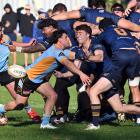 Halfbacks clash during the Dunedin premier rugby match between University and Dunedin at Logan...