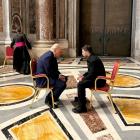 Donald Trump  and Volodymyr Zelenskiy talk in St Peter's Basilica before attending Pope Francis'...