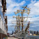The Mexican Navy ship's masts were too tall to clear the arched Brooklyn Bridge on Saturday night...