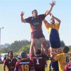 Athletic Marist lock Giacomo Buzzone (left) and Valley No8 Keegan Murphy battle for lineout ball...