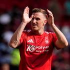 Chris Wood celebrates after scoring his 20th goal of the season for Nottingham Forest. Photo:...