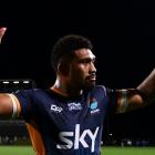 Ardie Savea, of Moana Pasifika, celebrates after winning against the Blues, in Auckland, on...