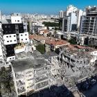 A drone photo shows the damage over residential homes at the impact site following missile attack...